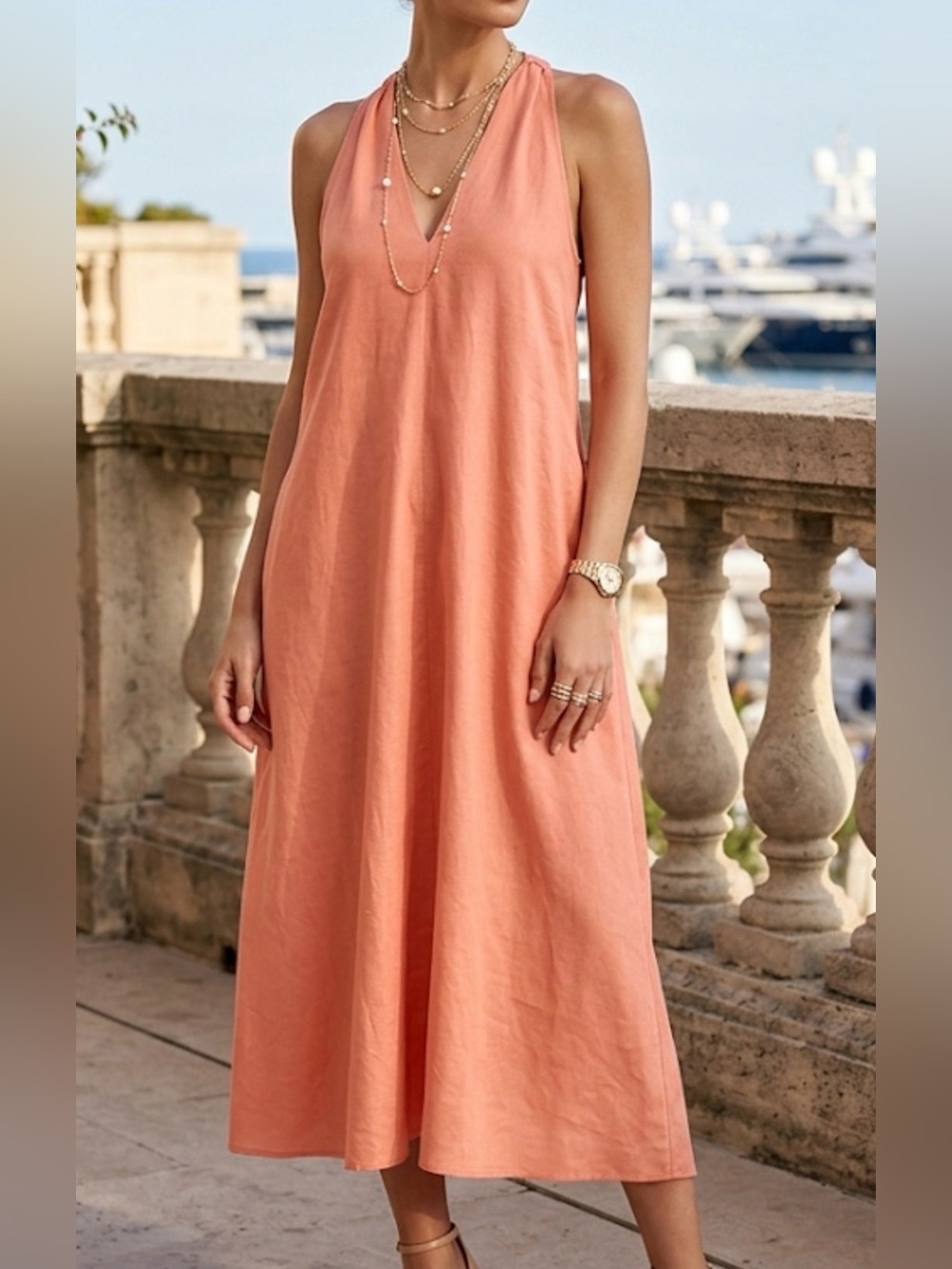Banana Republic Womens Coral Pink 100% Linen Sleeveless V-Neck Midi Dress Large